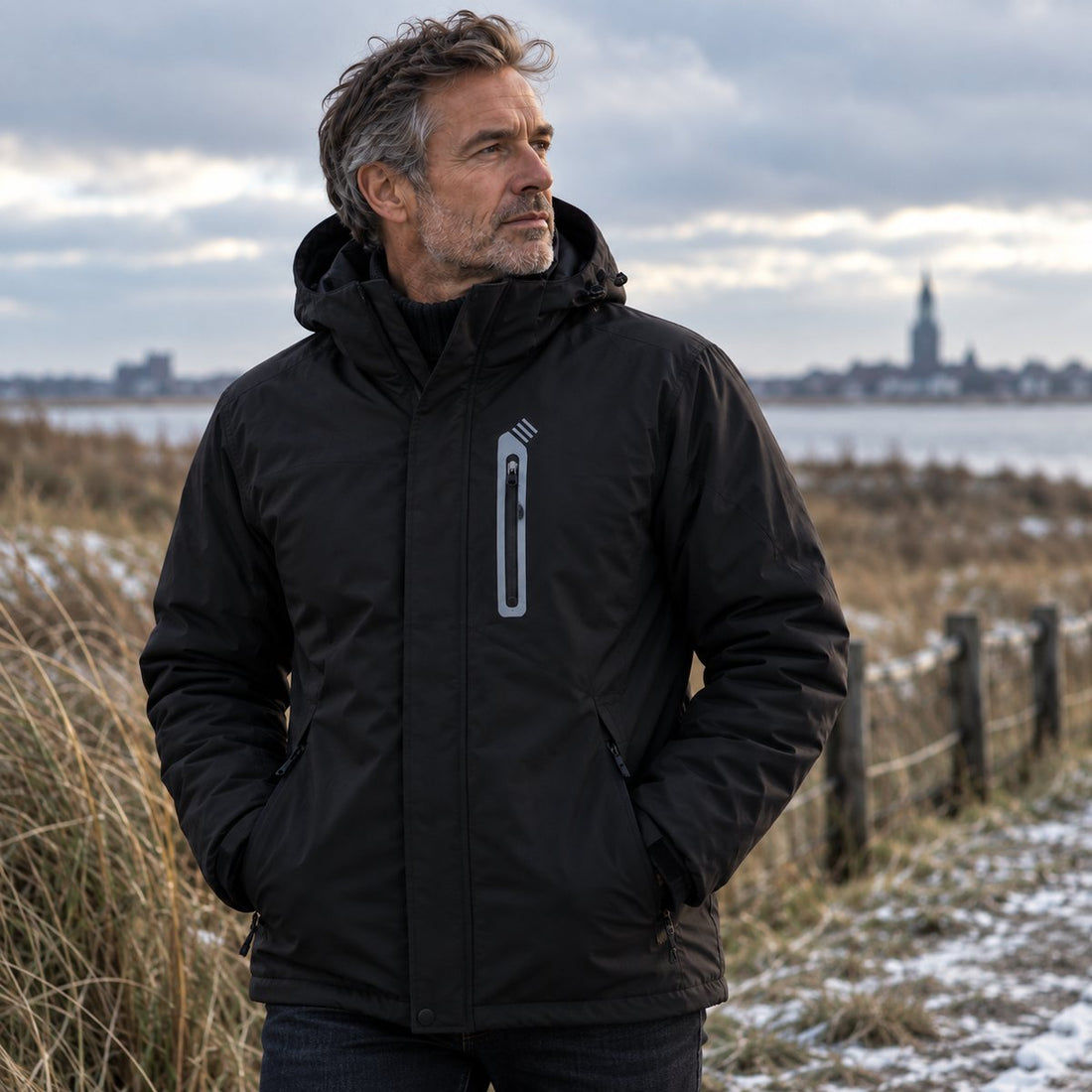 Man in een zwarte verwarmde jas aan de Nederlandse kust