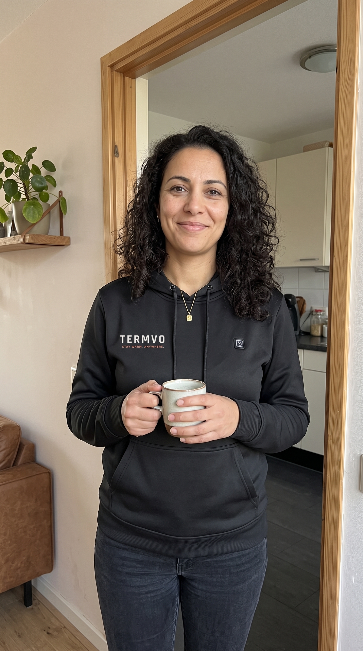 Vrouw thuis in een verwarmde TERMVO hoodie