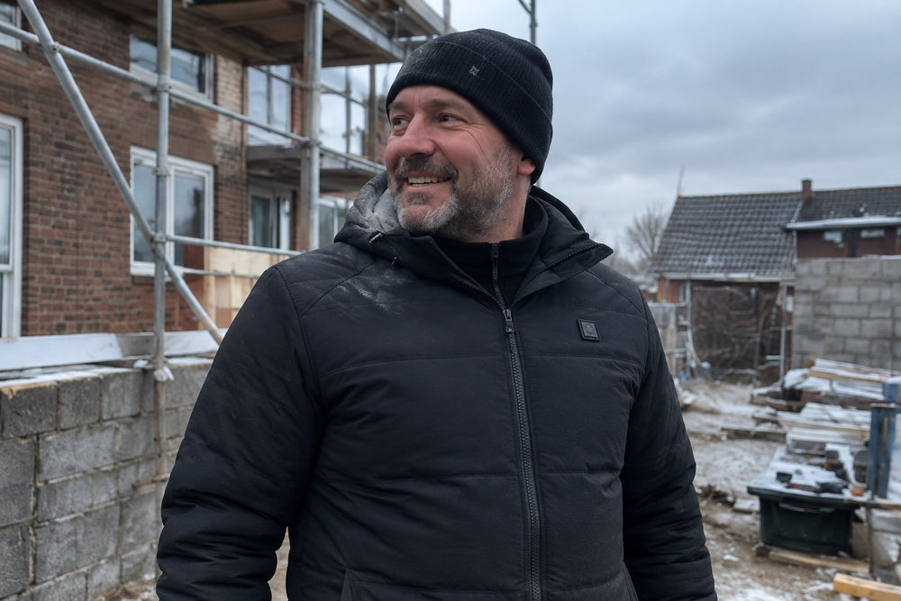 Lachende bouwvakker in een zwarte verwarmde jas op een winterse bouwplaats