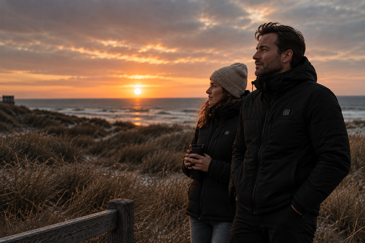Man en vrouw in verwarmde jassen kijken naar de zonsondergang bij de duinen