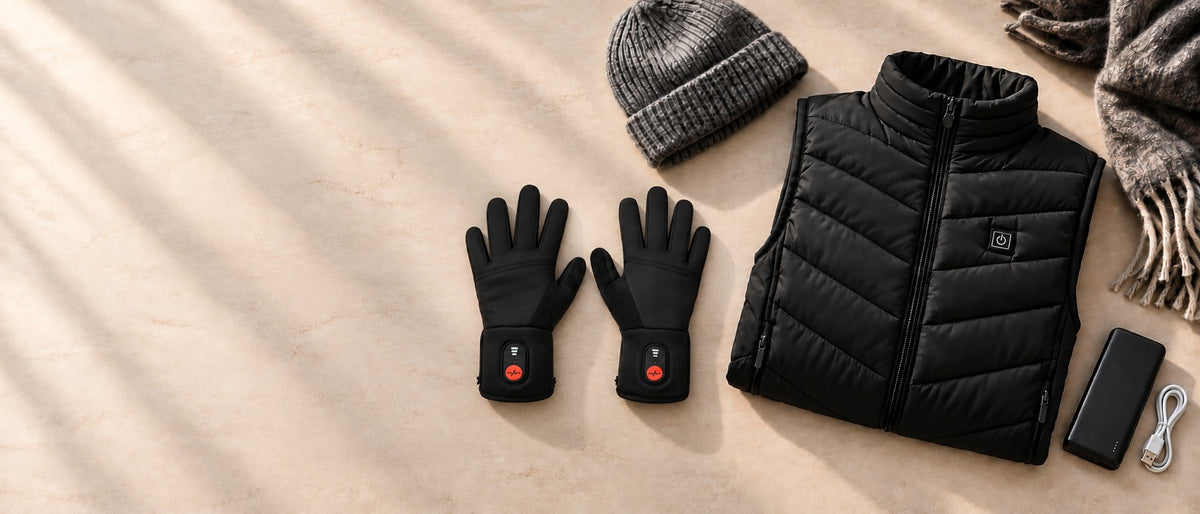 TERMVO verwarmde dunne handschoenen naast de verwarmde bodywarmer en powerbank