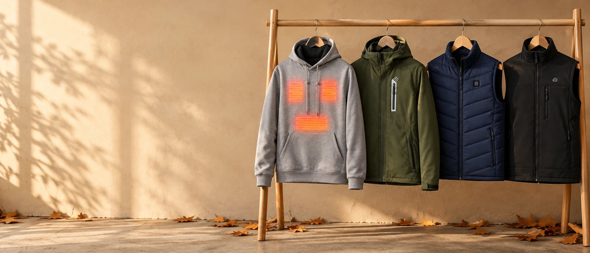 Hoodie, softshelljas en twee bodywarmers met korting aan een kledingrek