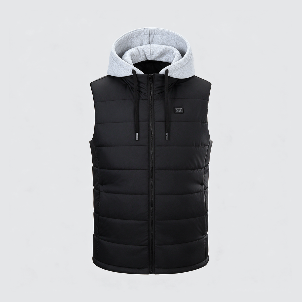 Verwarmde bodywarmer met grijze fleece capuchon