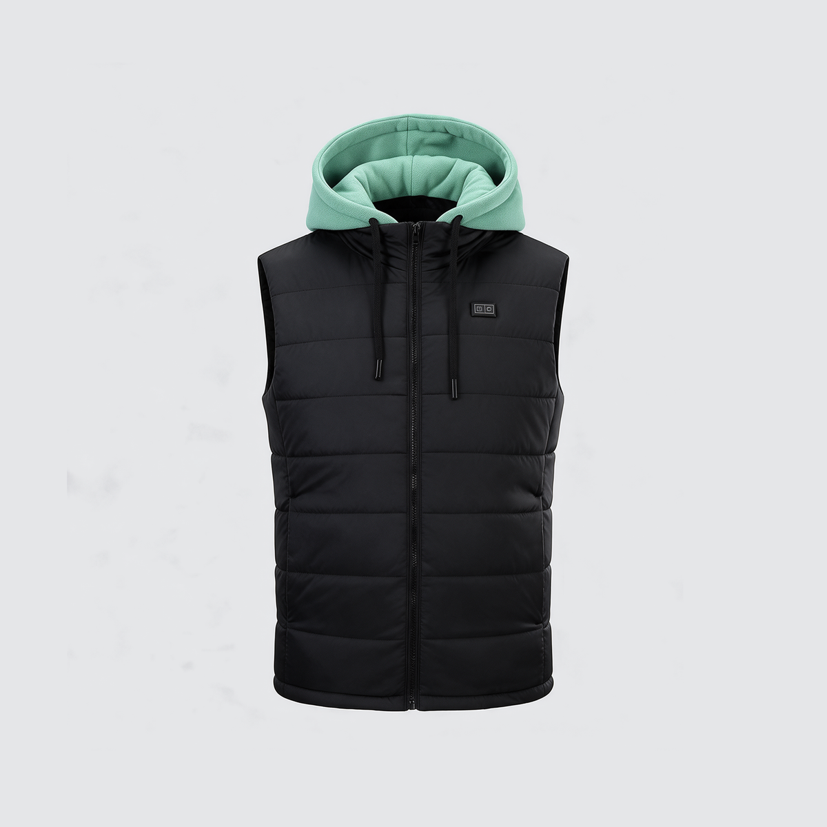 Verwarmde bodywarmer met groene fleece capuchon