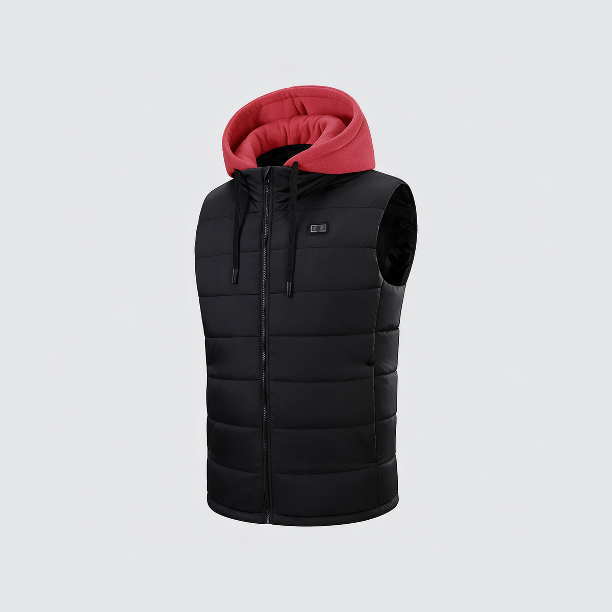 Verwarmde bodywarmer met rode fleece capuchon