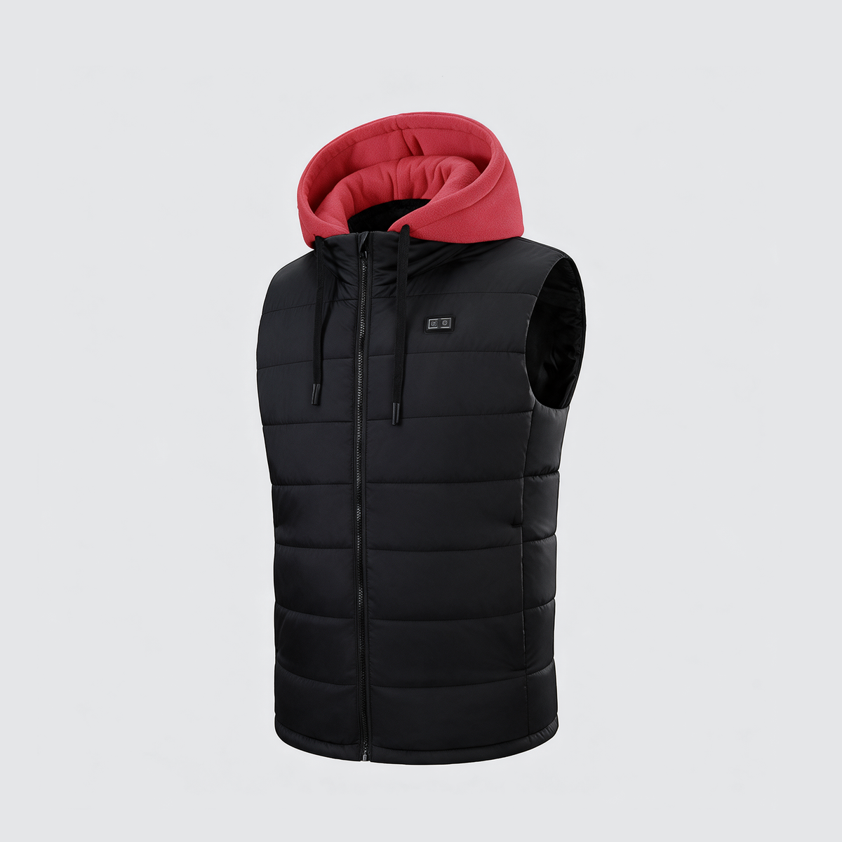 Verwarmde bodywarmer met rode fleece capuchon