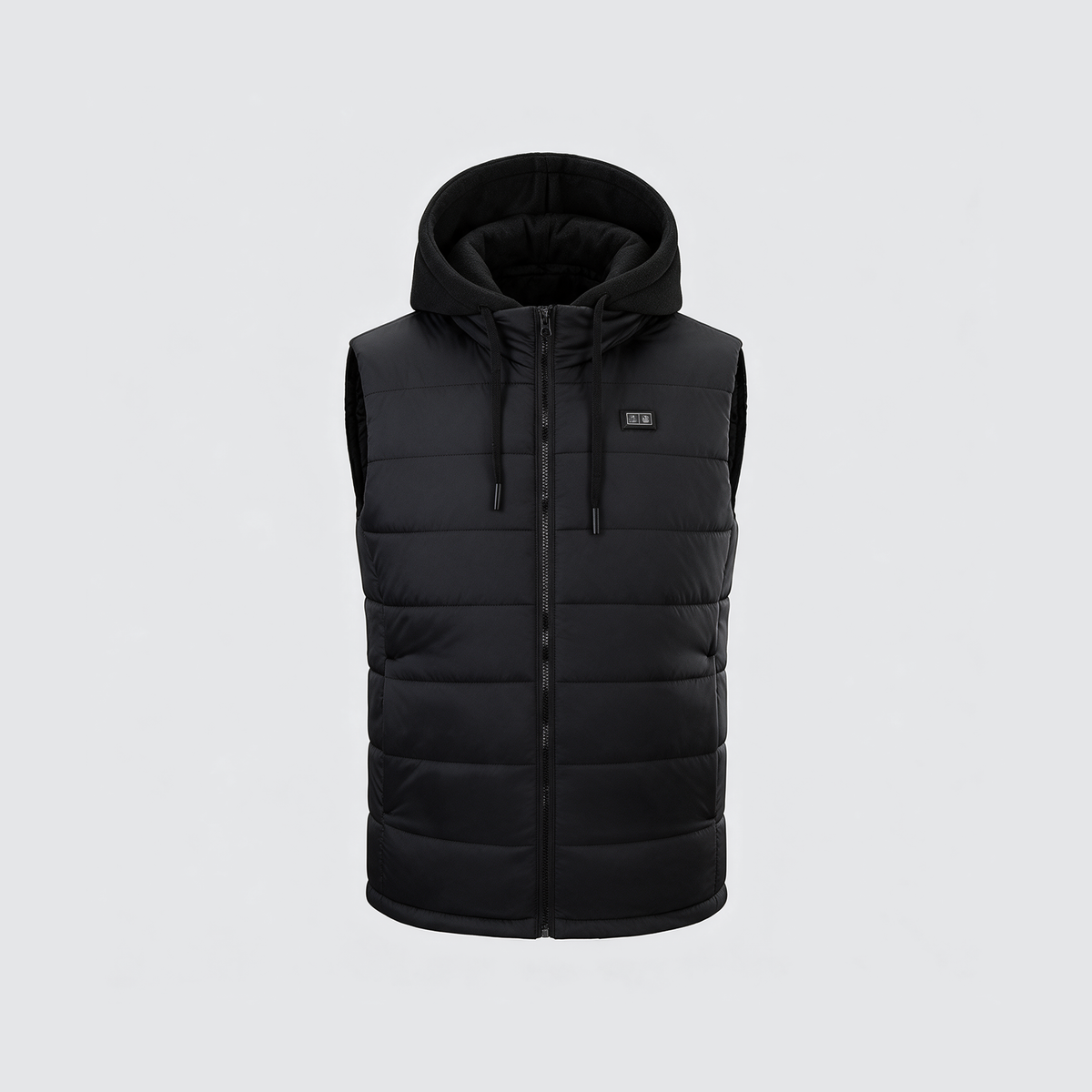 Verwarmde bodywarmer met zwarte fleece capuchon