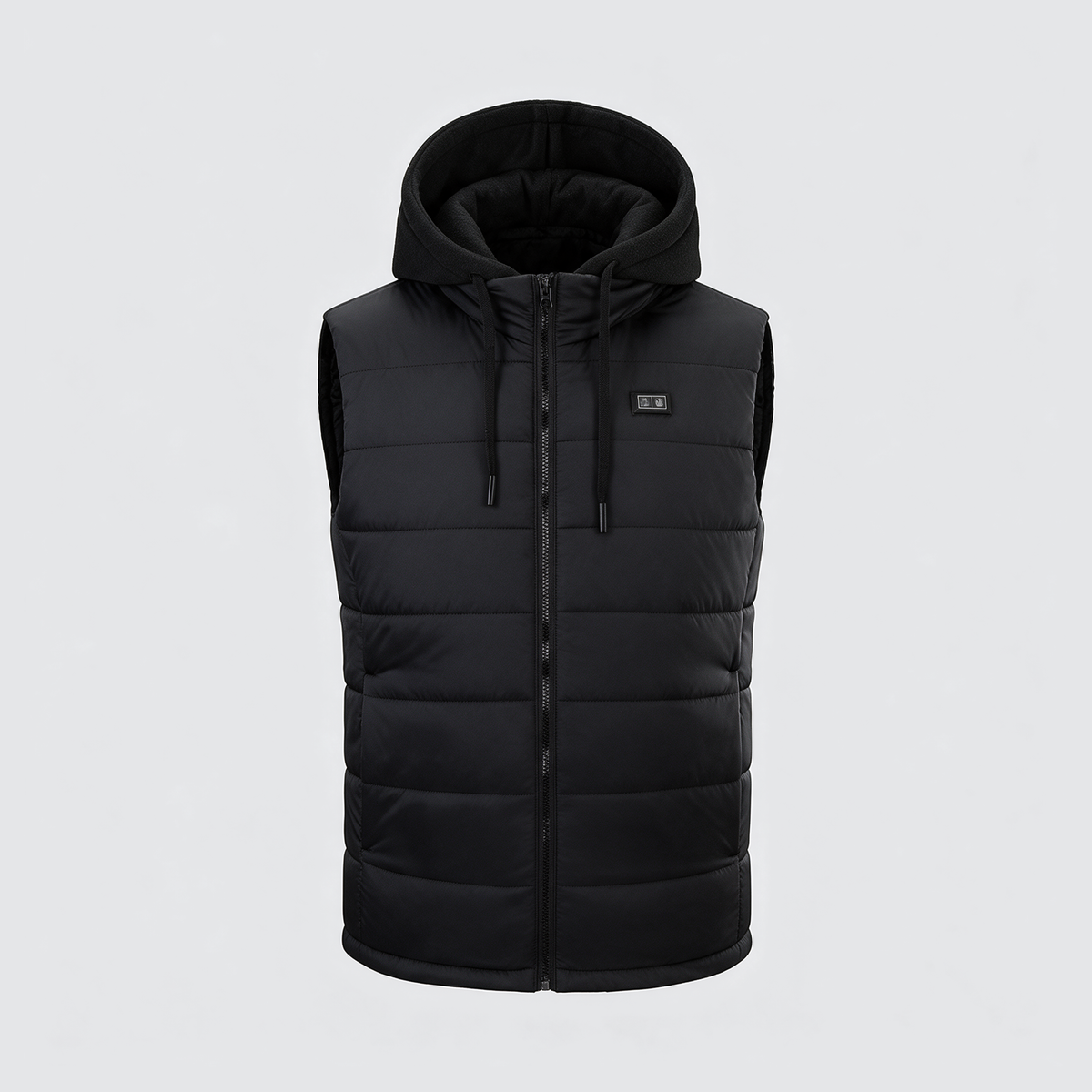 Verwarmde bodywarmer met zwarte fleece capuchon